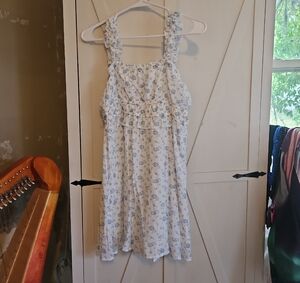 Altar'd State White Dress with Blue Floral Print and Ruffle Straps